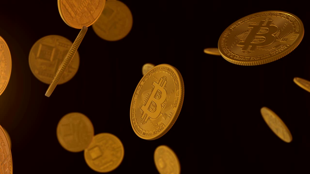 Set of rotating golden bitcoin on black background with alpha channel.