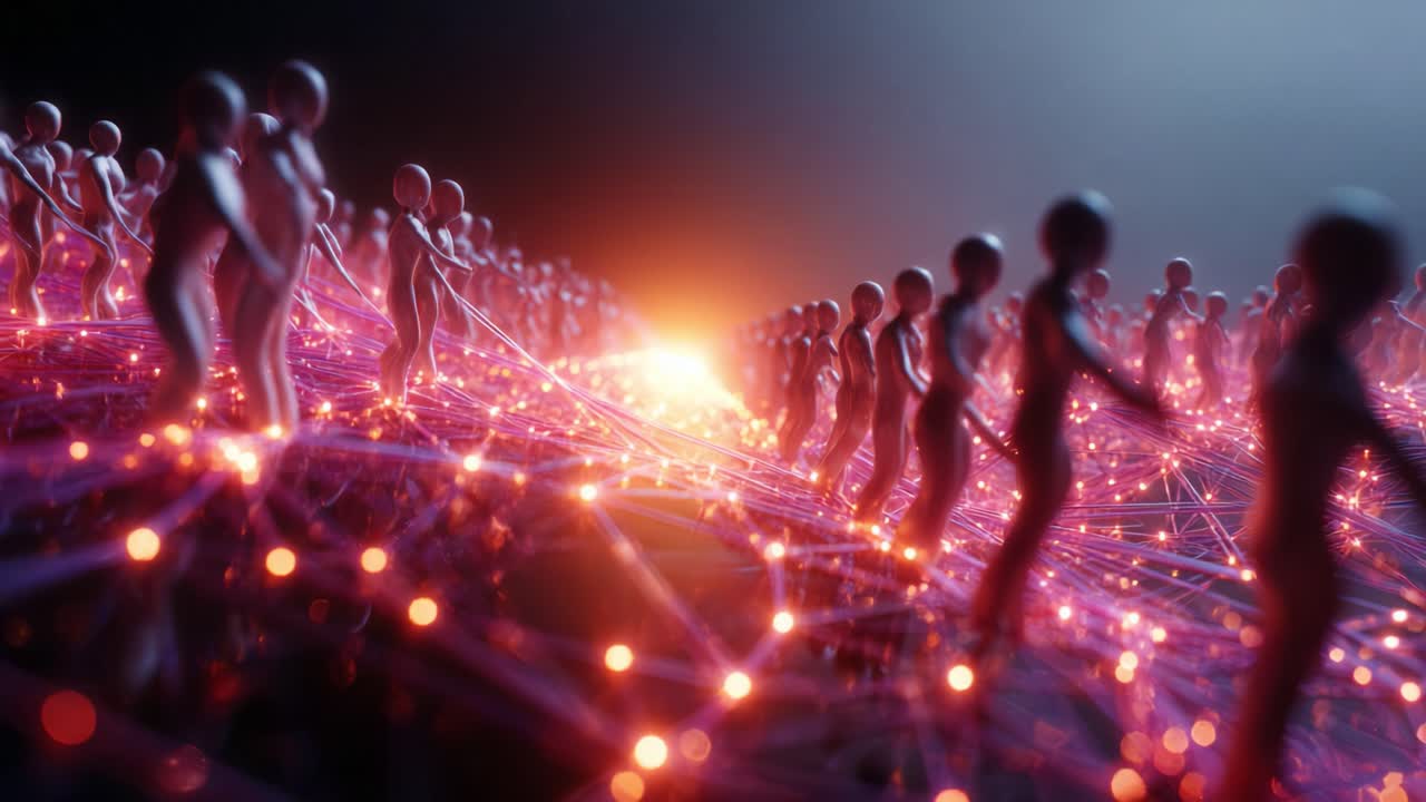 A Digital Network of Abstract Figures Walking Towards a Distant Light, Representing Connectivity and Collective Movement in a Virtual World