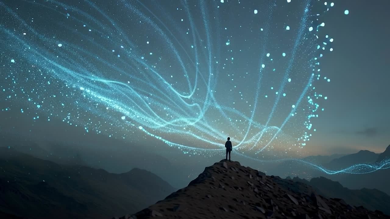 Tecnologia e natura si fondono al crepuscolo su una cima di montagna