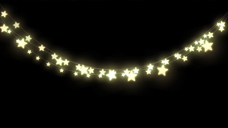 Digital animation of decorative star shaped fairy lights hanging against black background