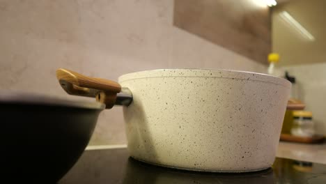 cooking on a stovetop with a white pot and a black pan