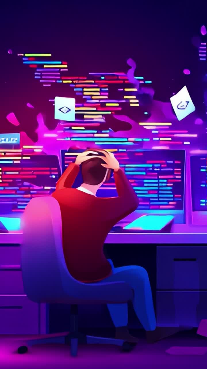 A Frustrated Programmer Struggling with Code Errors Surrounded by Colorful Lines and Abstract Visuals Emphasizing the Challenges of Software Development