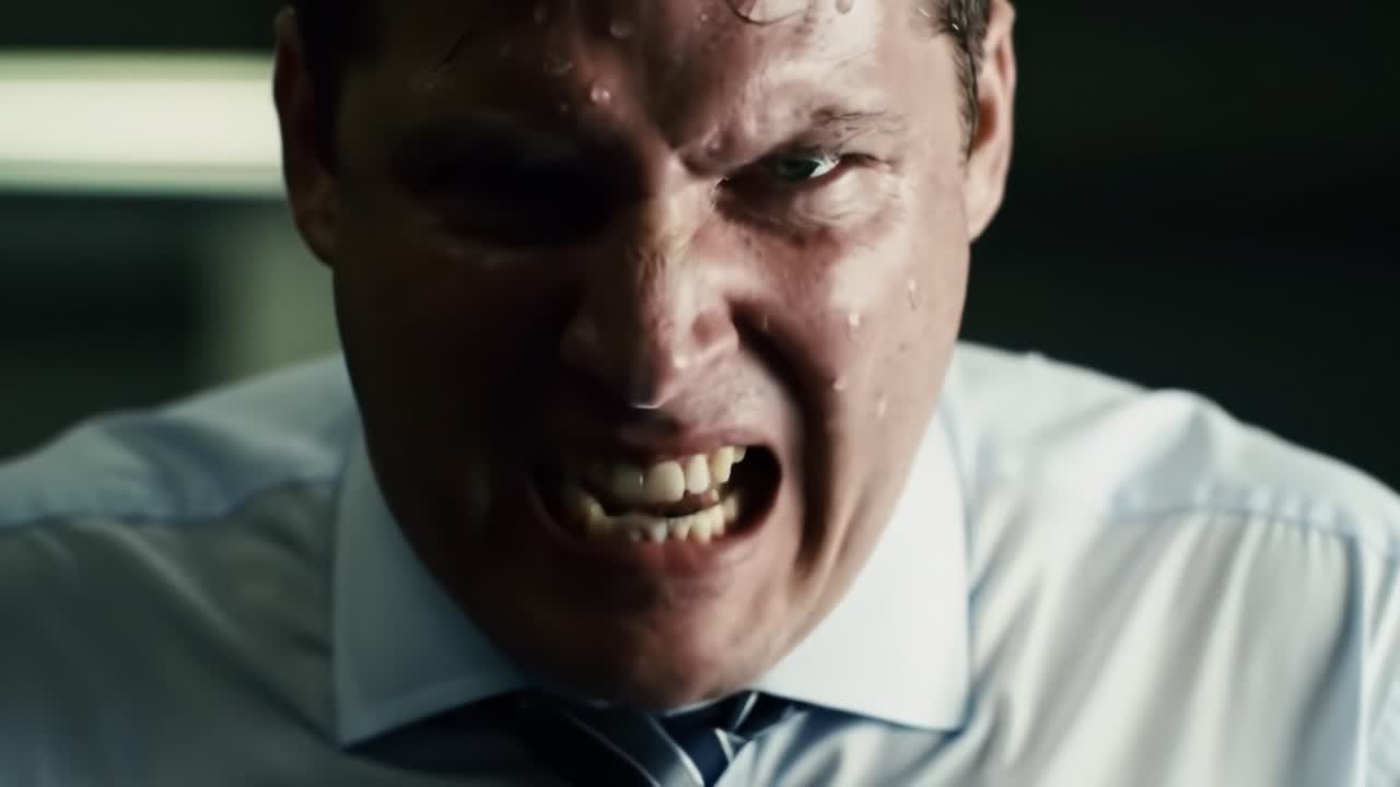 A man in a dress shirt shows intense frustration, pulling at his tie in an office environment. The atmosphere is charged as he expresses strong emotions during a critical situation.