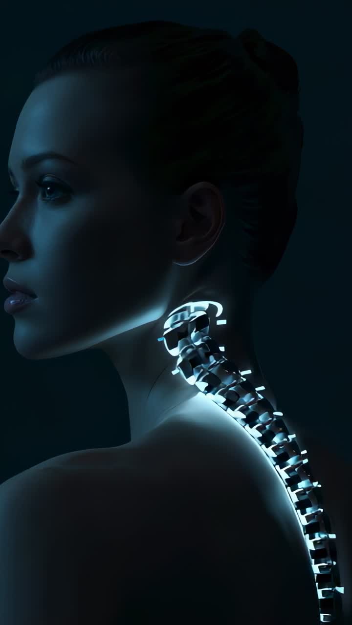 Video verticale: donna con spalle scoperte per la demo, con sovrapposizione della colonna vertebrale illuminata in blu studio