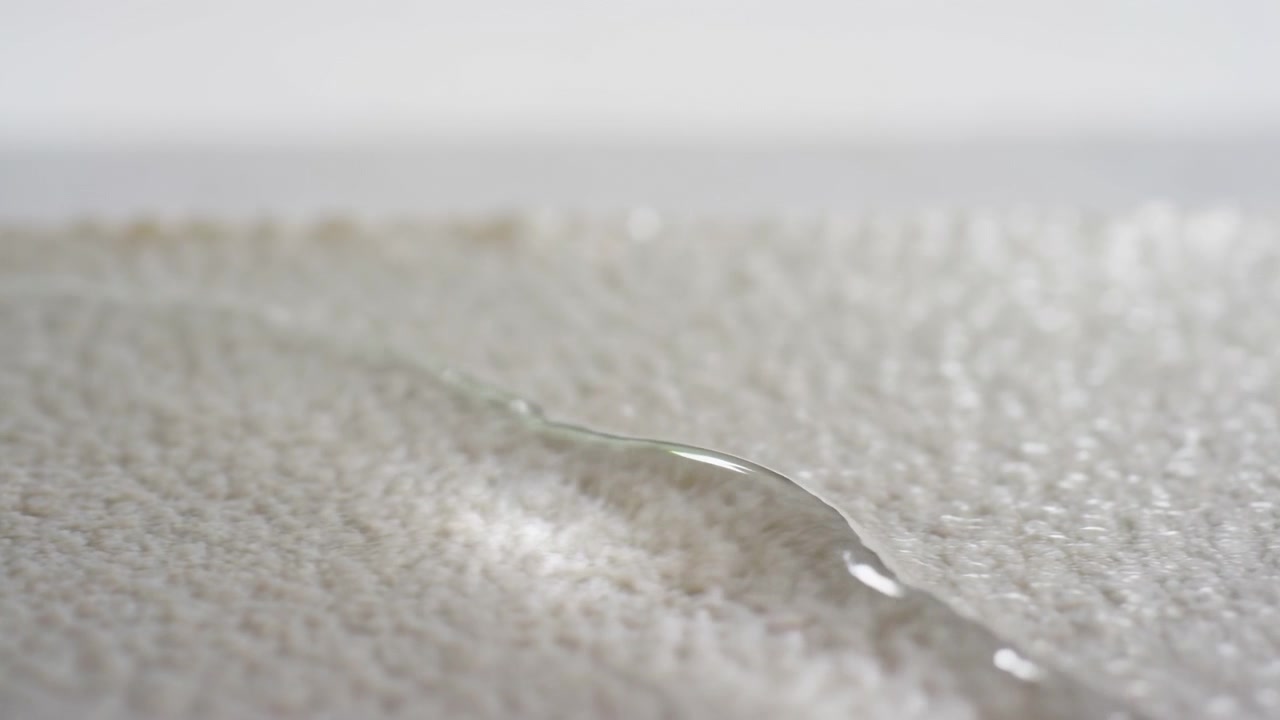 Singola goccia d'acqua trasparente che si appiattisce e si espande lentamente su un tessuto leggero e trapuntato, mostrando riflessi tenui, fibre delicate, messa a fuoco superficiale e un leggero movimento della superficie