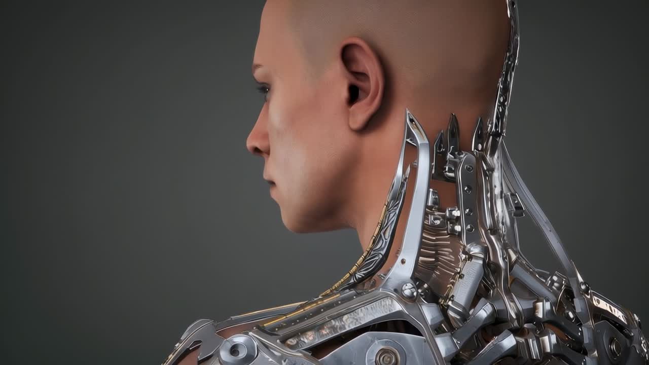 Cueing adult male rotating torso and head left in gray studio, revealing exoskeleton plates