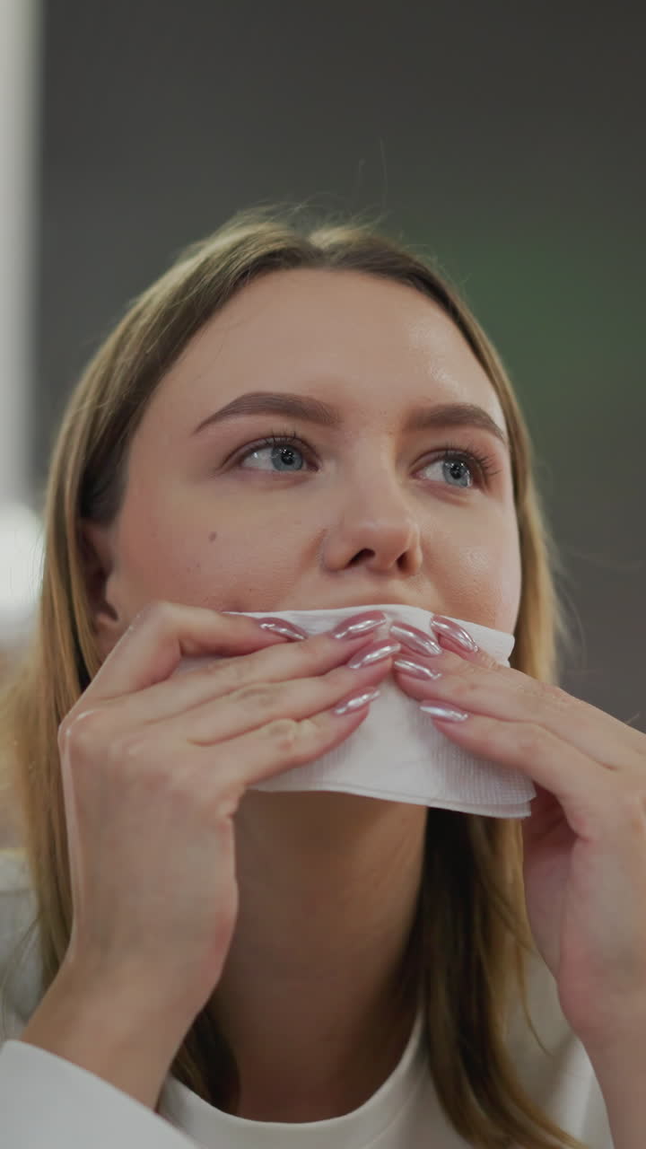 joven sentada sola en una mesa en el centro comercial, limpiándose la boca con papel higiénico, disfrutando de su comida en un ambiente relajado, fondo borroso con luces intermitentes coloridas