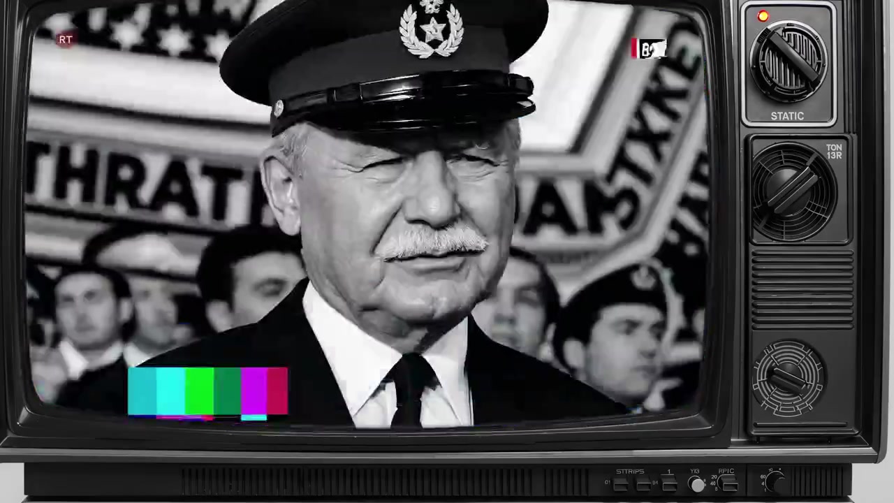 Televisore vintage che mostra filmati militari storici distorti
