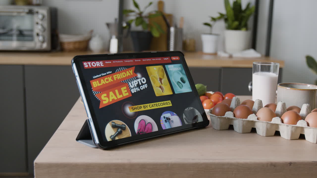 Online Shopping on Tablet in Kitchen
