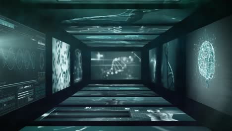 animación del procesamiento de datos biológicos en un túnel hecho de pantallas sobre fondo negro