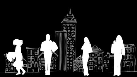 animation of silhouettes of women shopping over cityscape