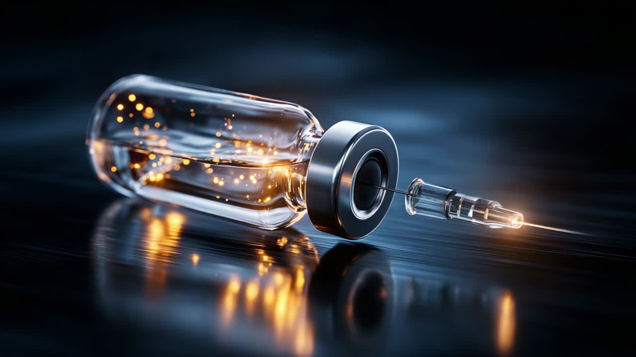 A close-up view of a translucent vial filled with a shimmering liquid being prepared for injection, highlighting the intricate details of the syringe and the sparkling elements within the glass container