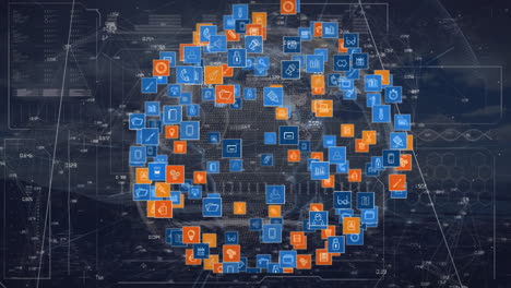 Animation-Eines-Globus-Mit-Verbindungen-Und-Digitalen-Symbolen
