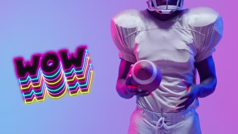Animation-of-wow-text-over-american-football-player-and-neon-background