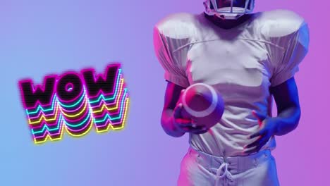 Animation-Von-Wow-Text-über-American-Football-Spieler-Und-Neonhintergrund