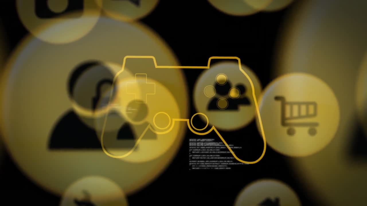 animación del procesamiento de datos y los iconos de medios sobre el icono del gamepad