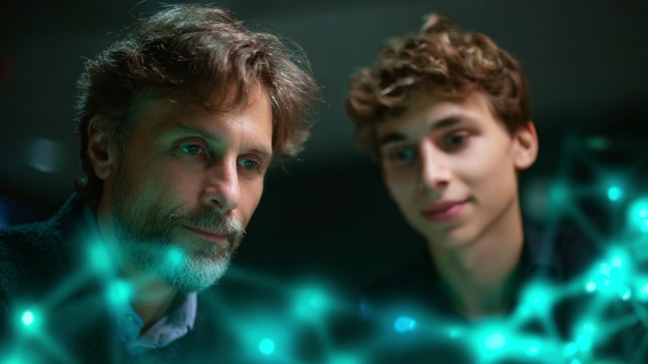 Two individuals share a moment of discovery and innovation, immersed in a captivating visual of interconnected ideas and technology that symbolizes their journey into the realms of knowledge and future possibilities