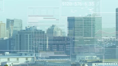 animation of multiple hud screens with numbers over modern buildings in city