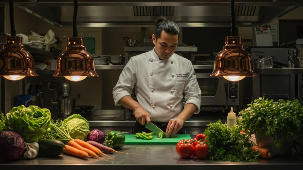 Chef Skillfully Prepares Fresh Vegetables in a Modern Kitchen, Showcasing Culinary Artistry with Vibrant Ingredients and Professional Equipment, Illuminated by Stylish Lighting