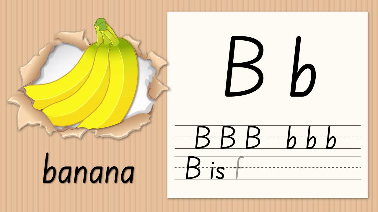 Grafica educativa animata insegna la lettera B usando un'illustrazione di banana e la pratica della scrittura a mano su carta.