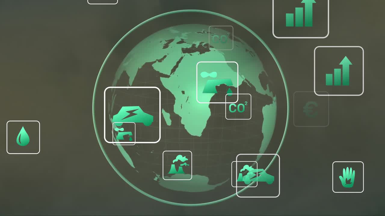 Animation of icons over globe on black background