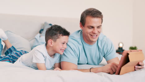 father, smile and child with tablet in bedroom