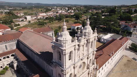 Baroque-style-towers-of-Alcobaca-Monastery,-Catholic-monastic-complex