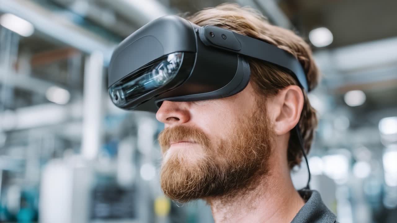 A focused individual using advanced virtual reality technology, immersed in an augmented environment, exemplifying the intersection of innovation and industry in modern applications