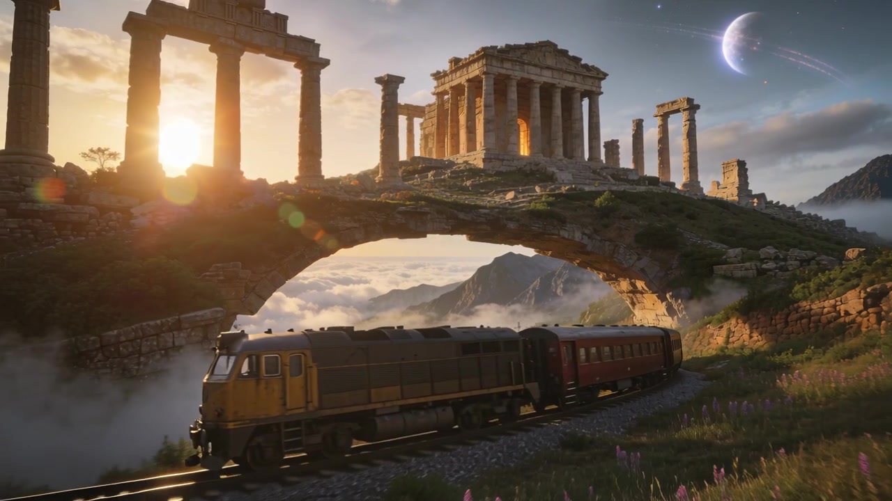 Locomotora diésel que se asoma doblando las vías del acantilado al atardecer, arrastrando vagones bajo un arco de piedra y un templo.