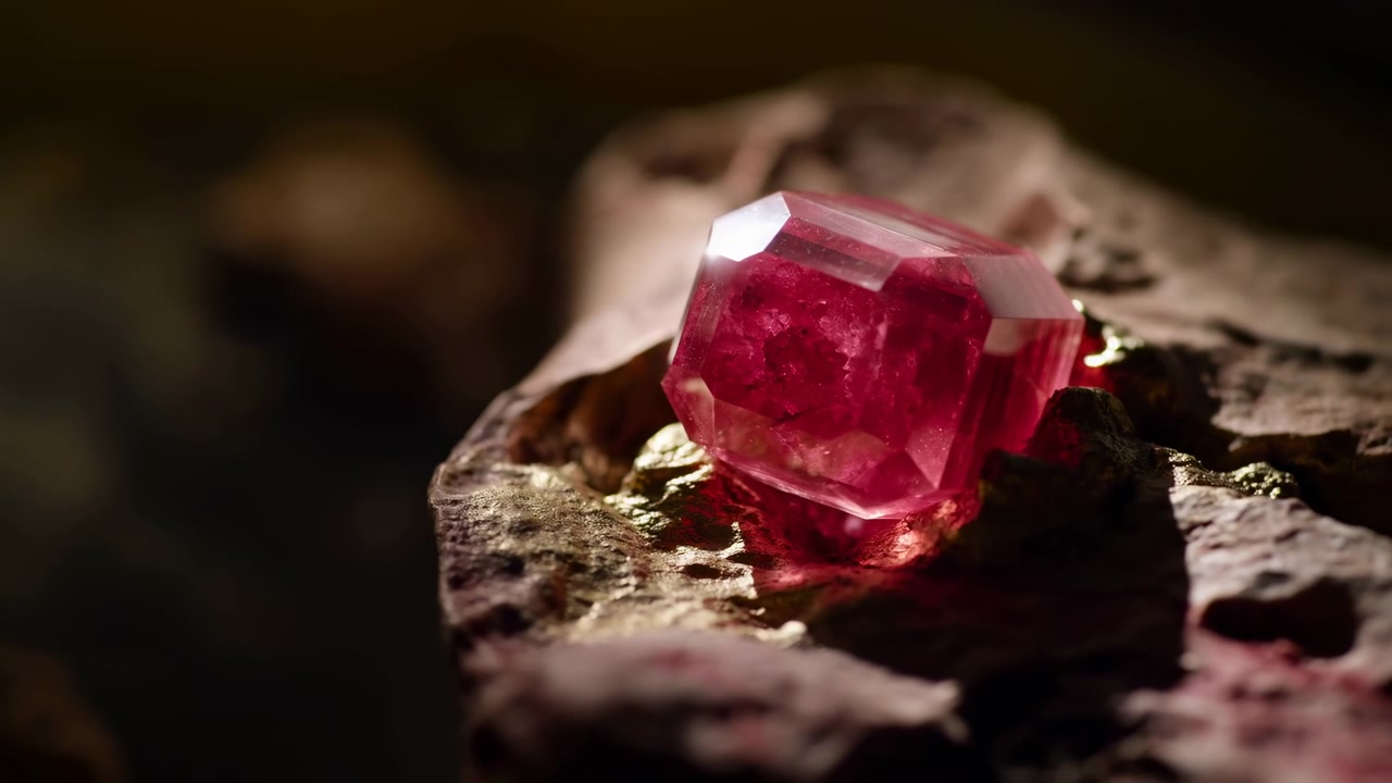 Close-up motion scene of faceted deep red ruby resting on coarse brown rock while specular highlights shift across polished facets, creating subtle shimmer, warm reflections, rich texture, and