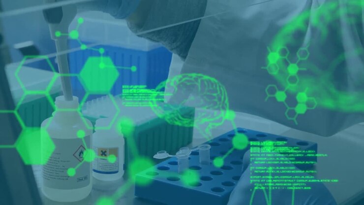 Animation of data processing over doctor with test tubes