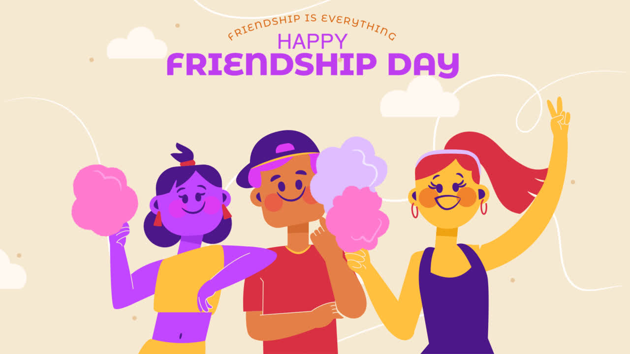 친구 그룹과 함께 평평한 우정 날 배경의 모션 그래픽