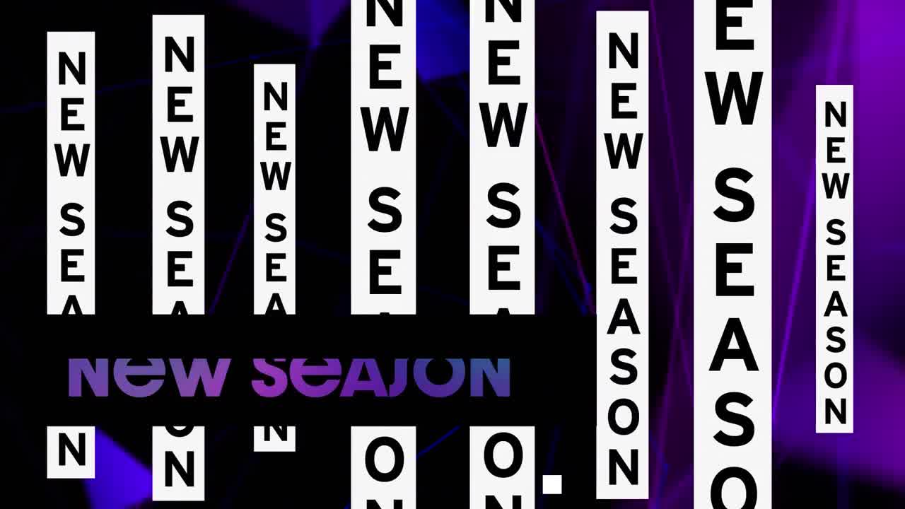 Animation of new season text and shapes on black background