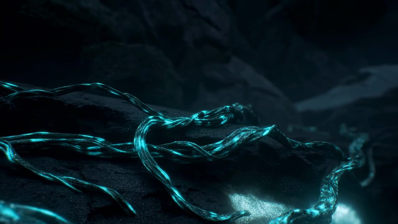 Moody abstract scene with bright turquoise strands curving across a shadowy rough surface, creating a sleek luminous contrast with depth, motion