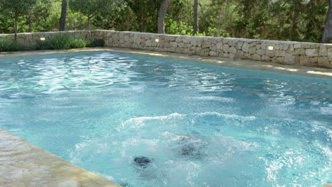 children on vacation jumping into outdoor pool