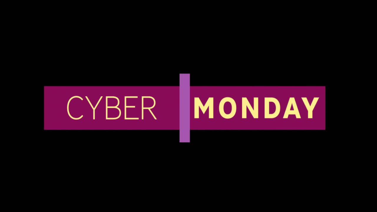 texto amarillo y púrpura de cyber monday que aparece contra una pantalla negra