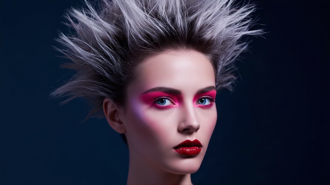 Striking Portrait of a Model with Dramatic Makeup and Unique Hairstyle, Showcasing Bold Colors and an Edgy Look against a Dark Background
