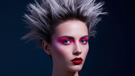 striking portrait of a model with dramatic makeup and unique hairstyle, showcasing bold colors and an edgy look against a dark background