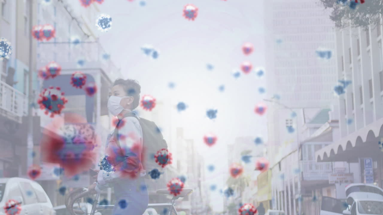 animación de células macro covid-19 flotando en una vista de una mujer con una máscara facial