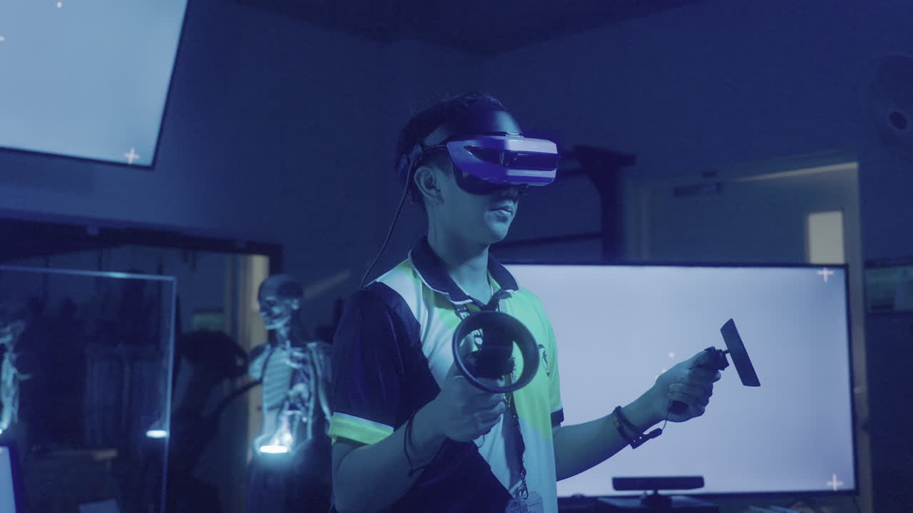 Tech-savvy Man Wearing Metaverse Virtual Reality Headset With Hand Controllers