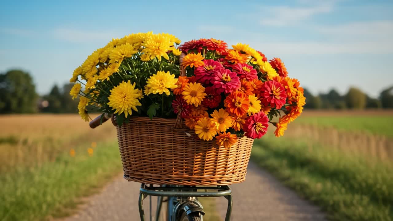 A Vibrant Bicycle Basket Filled with Colorful Flowers Riding Through a Scenic Countryside Path Under a Bright Blue Sky