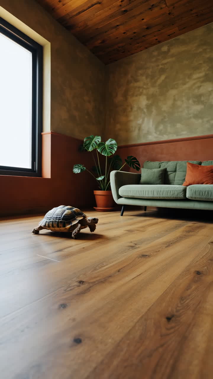 A tortoise explores a modern living room with a green couch and wooden floors