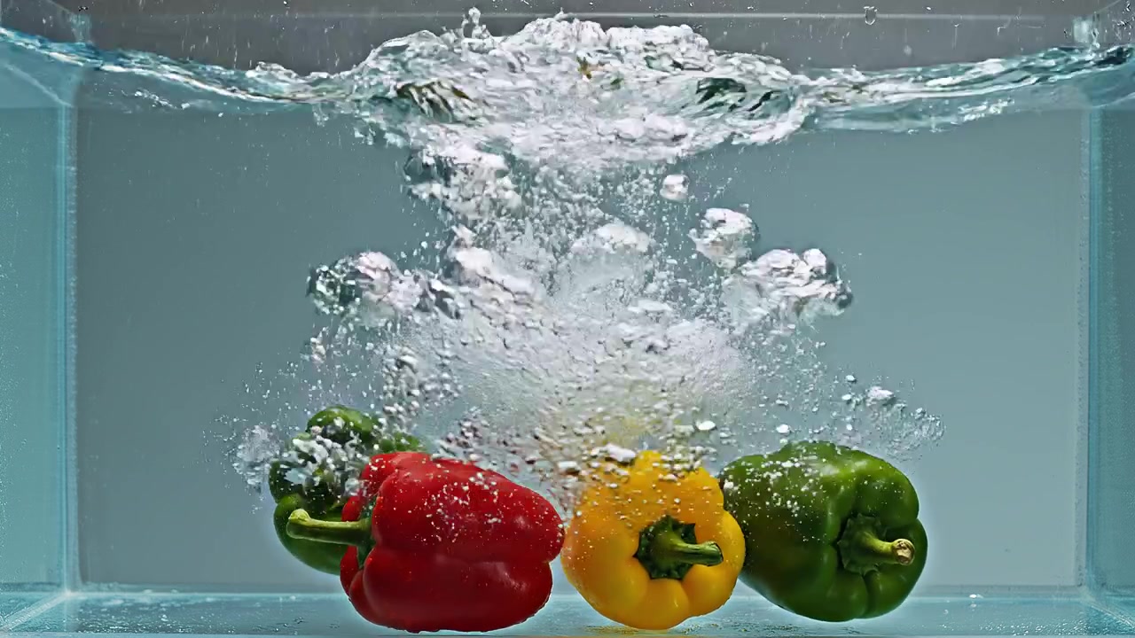 Frische Paprikaschoten spritzen mit Blasen und Bewegung ins Wasser