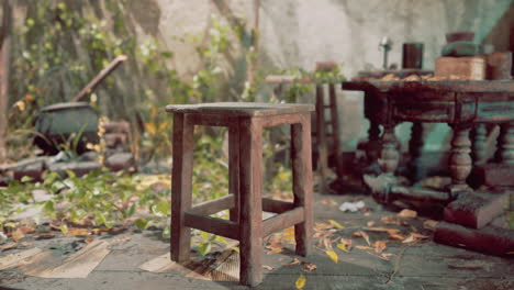 un taburete de madera en una habitación vieja y cubierta de vegetación
