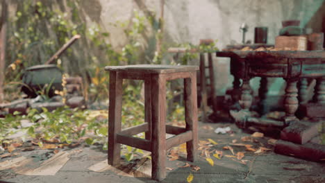 a wooden stool in an old, overgrown room