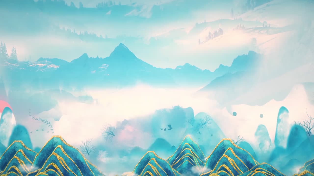 꽃, 나무, 새, 강과 함께 산에서 중국의 전통, 중국 그림 잉크 안개 배경 예술 작품