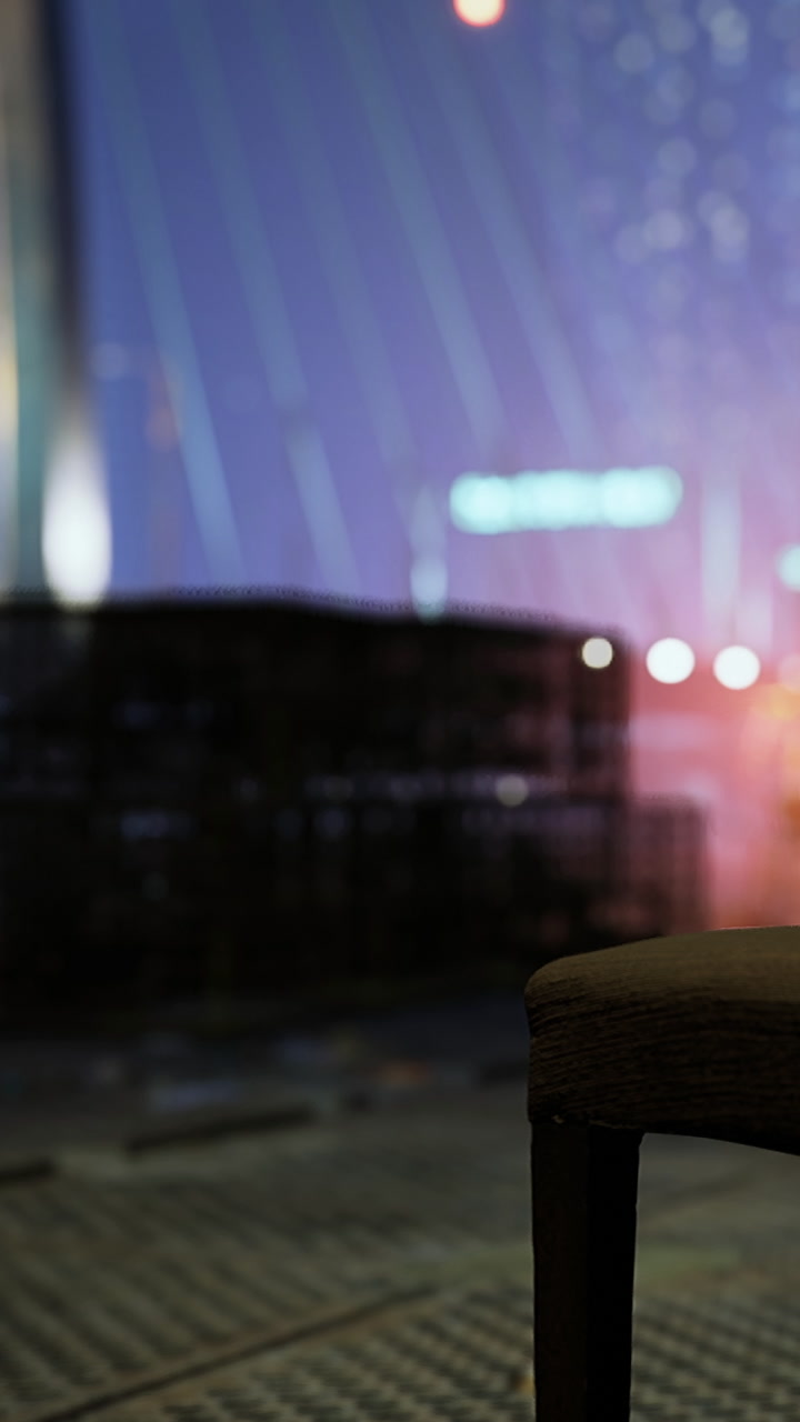 Chair in the foreground with city lights in the background at night