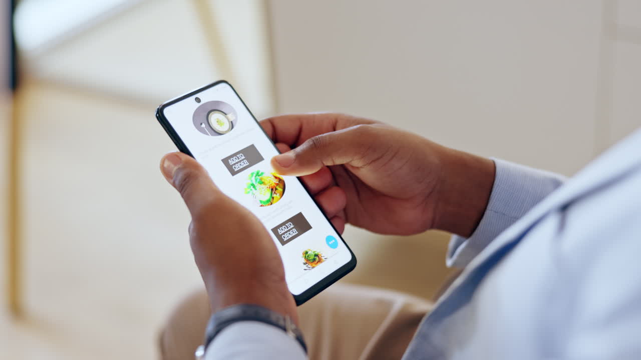 manos, pantalla de teléfono y compras en línea de alimentos