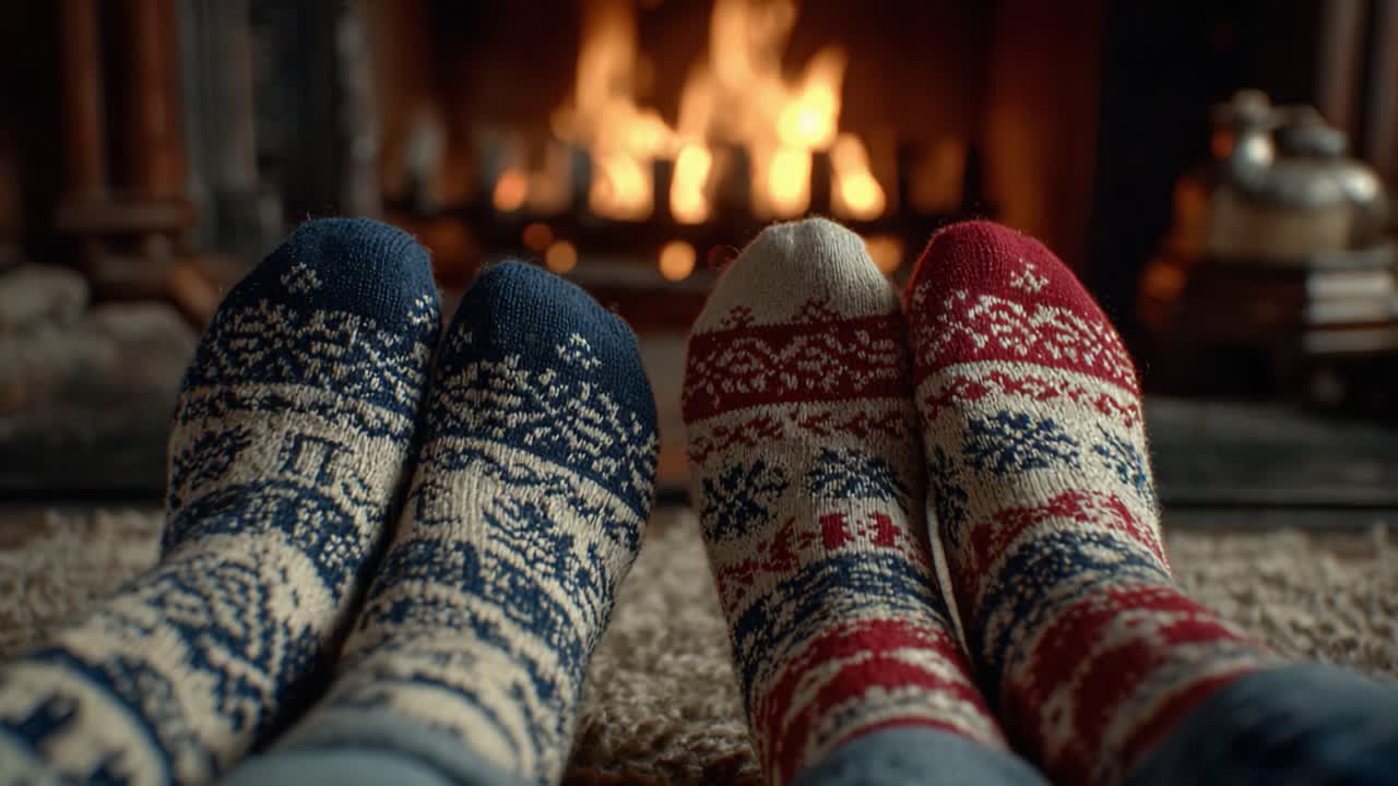 Cozy Fireplace Scene Featuring Two Pairs of Colorful Knitted Socks, Perfect for a Warm Winter Evening Together With a Crackling Blaze in the Background