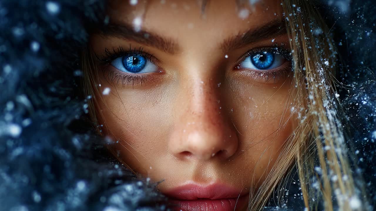 Captivating Close-Up of a Young Woman with Radiant Blue Eyes Surrounded by Soft Snowflakes in a Cozy Fur Hood, Evoking a Sense of Winter Wonder and Beauty